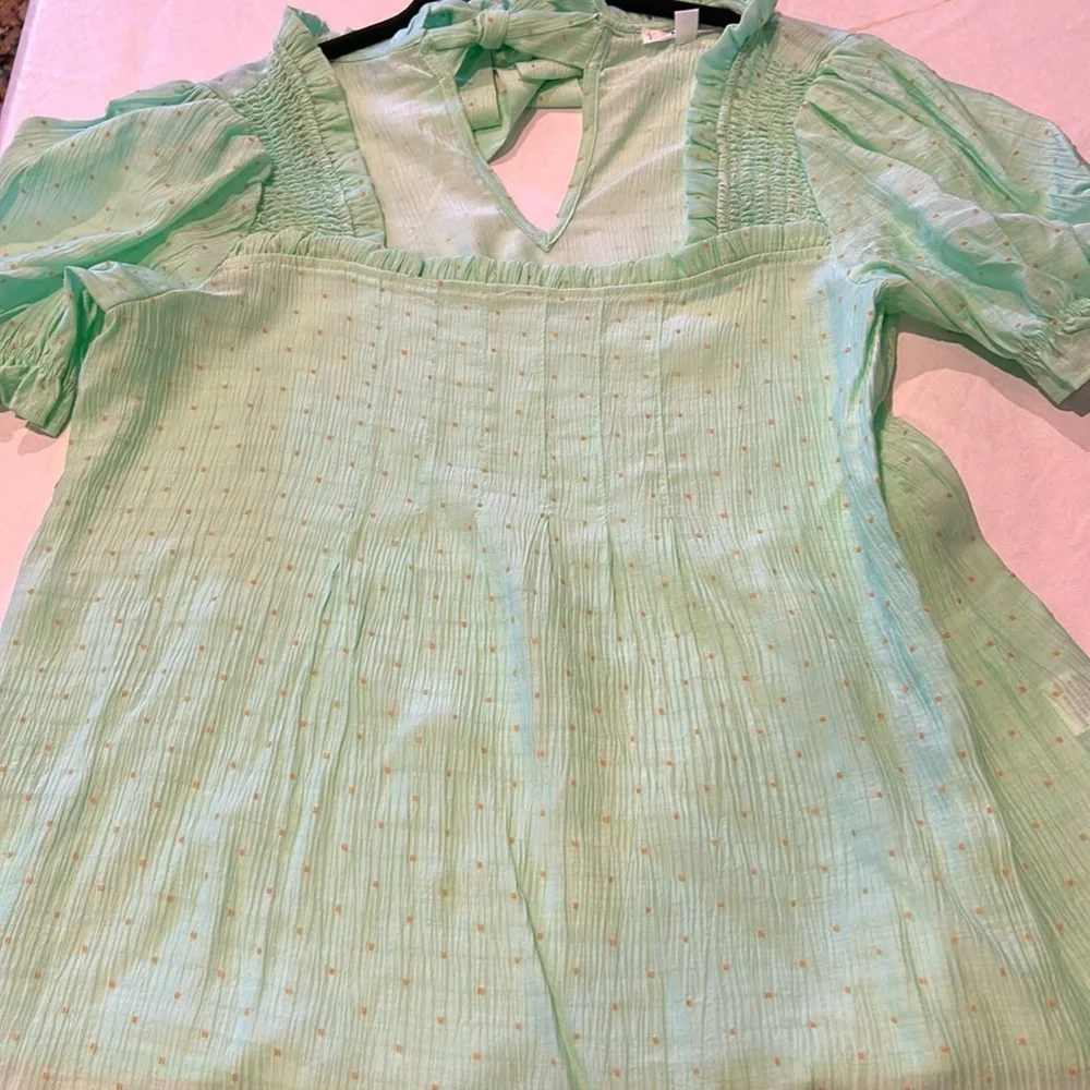 Anthropologie MINE Green Top Size Large Tie Back Brown Raised Dots New - Picture 7 of 8